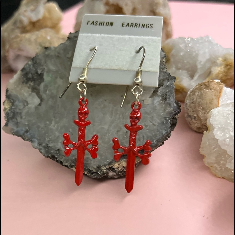 Red Scull Sword Dangling Earrings